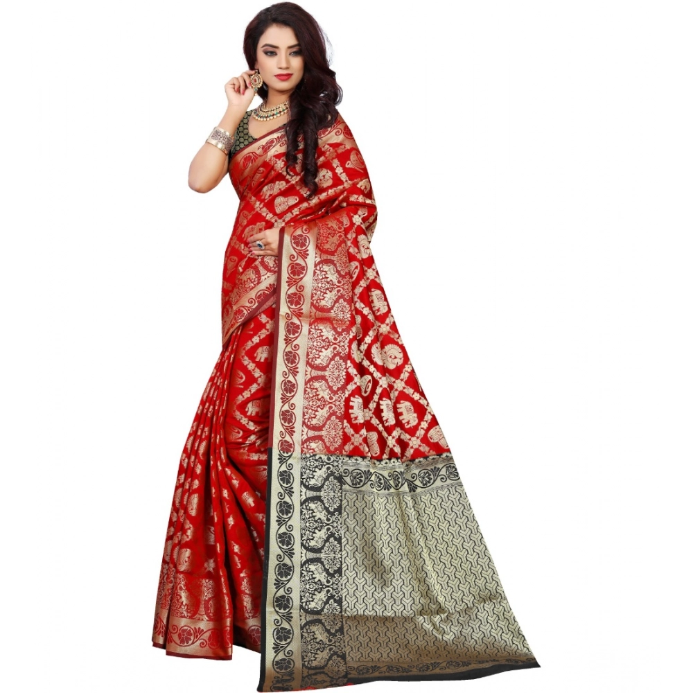 Generic Women's Jacquard Woven Saree With Unstitched Blouse 5.5Mtr (Red) - Image 2