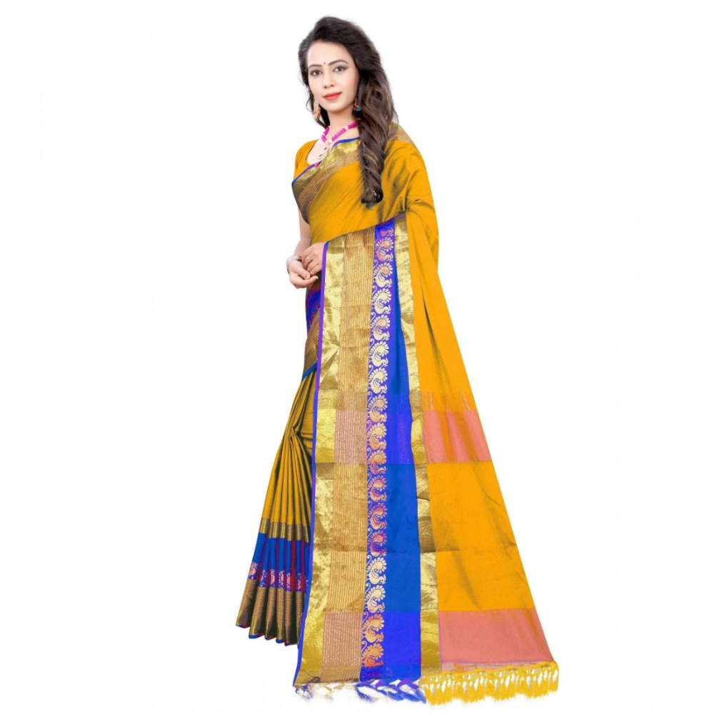 Generic Women's Jacquard Woven Saree With Unstitched Blouse 5.5Mtr (Yellow) - Image 3