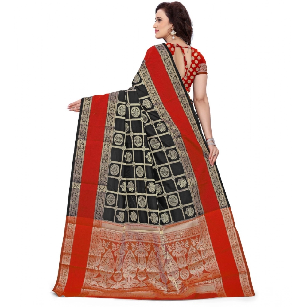 Generic Women's Jacquard Woven Saree With Unstitched Blouse 5.5Mtr (Red-Black) - Image 4