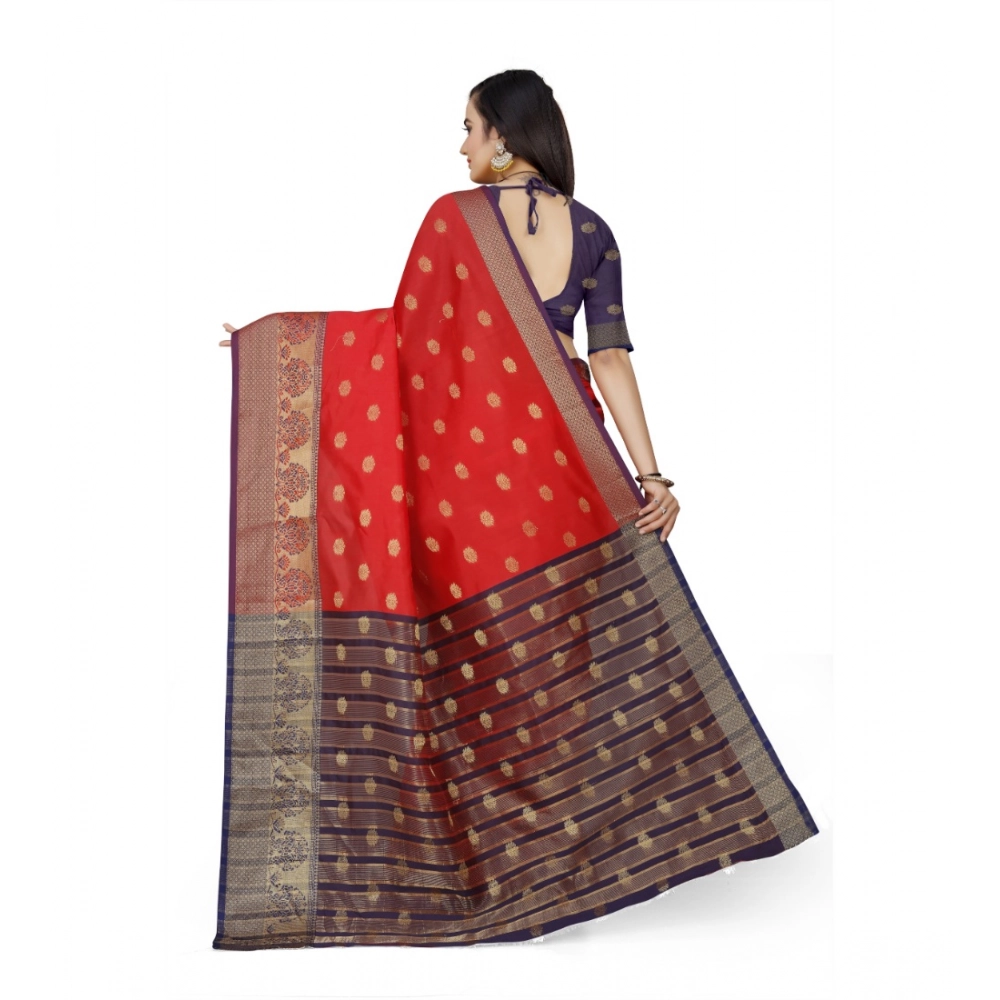 Generic Women's Jacquard Woven Saree With Unstitched Blouse 5.5Mtr (Red) - Image 3