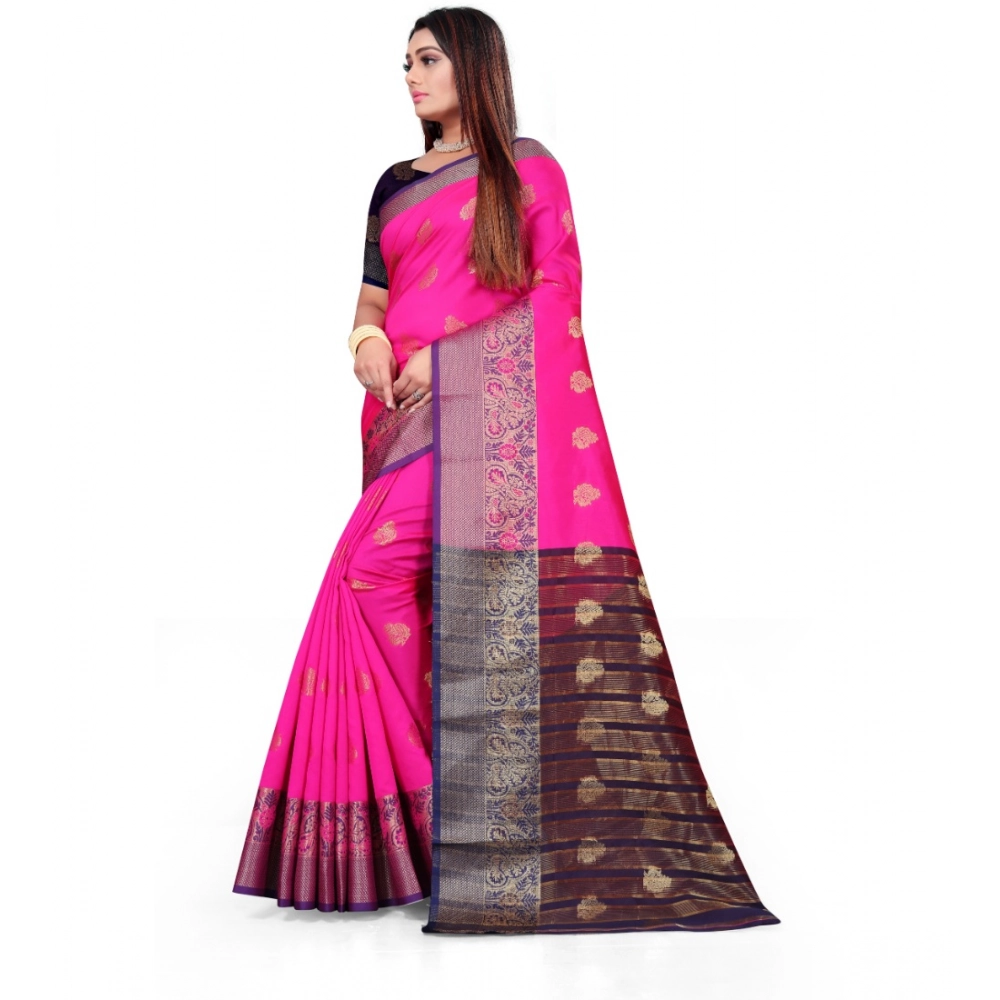 Generic Women's Silk Blend Woven Saree With Unstitched Blouse 5.5Mtr (Pink) - Image 2