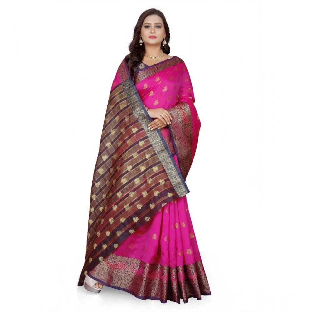 Generic Women's Jacquard Woven Saree With Unstitched Blouse 5.5Mtr (Pink) - Image 4