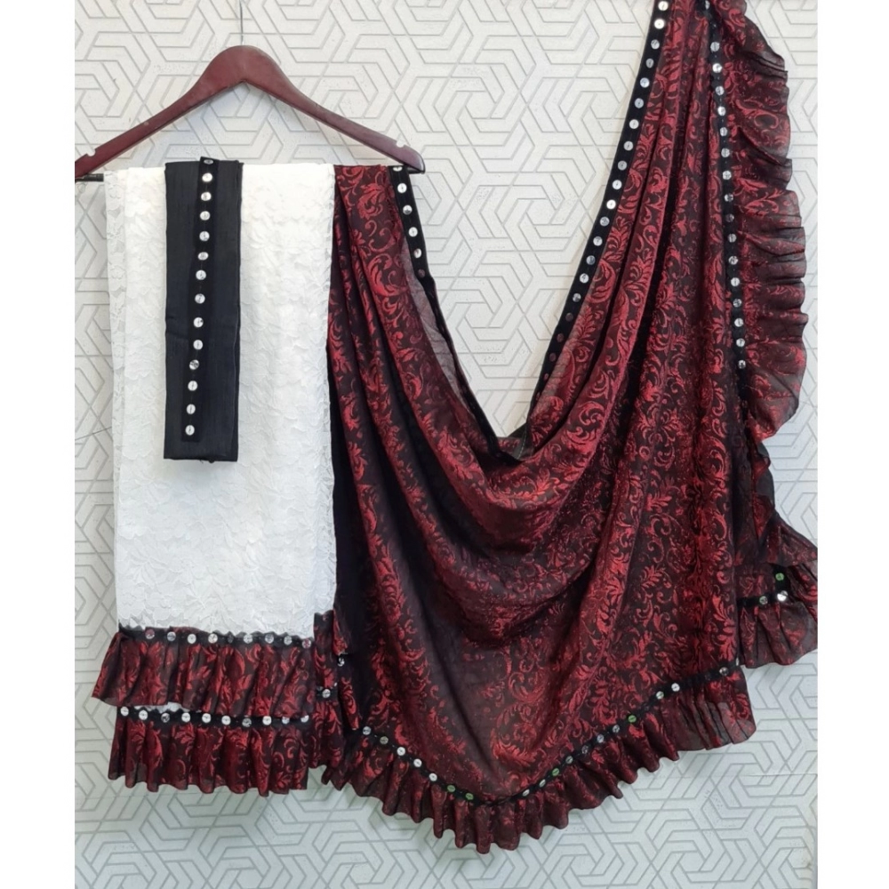 Generic Women's Silk With Mirror Lace Solid Saree With Unstitched Blouse (Red, 5-5 Mtrs) - Image 2