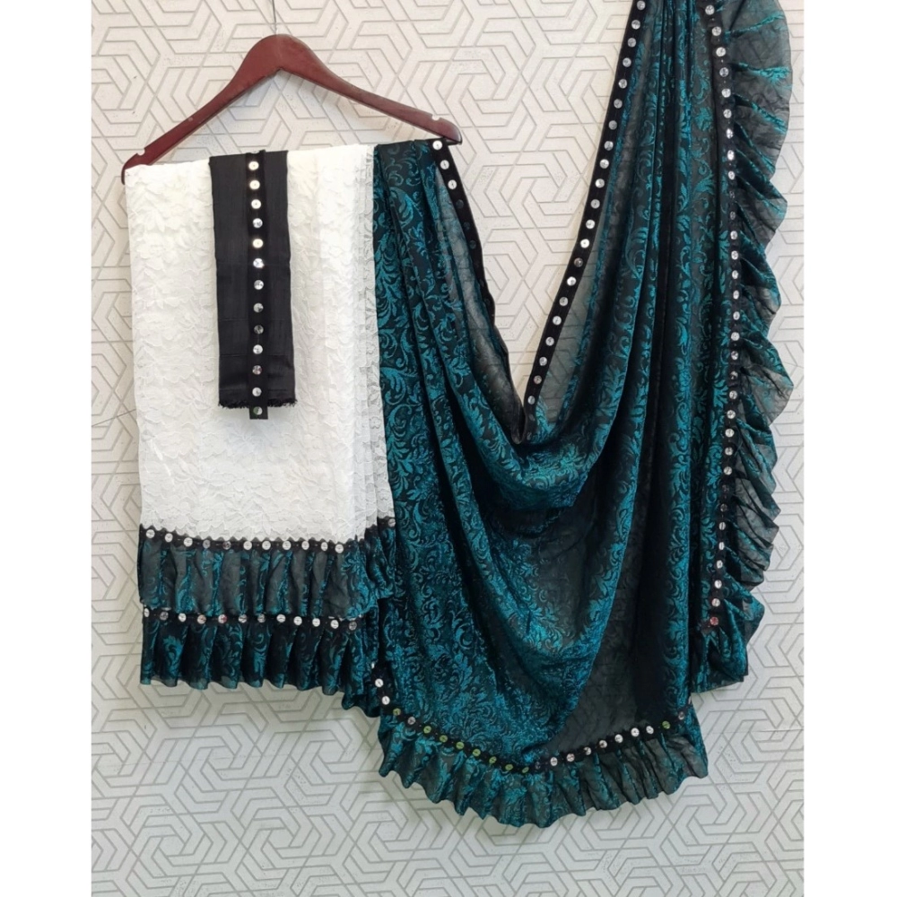 Generic Women's Silk With Mirror Lace Solid Saree With Unstitched Blouse (Rama, 5-5 Mtrs) - Image 2