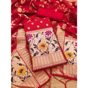 Generic Women's Banarasi Silk Printed Unstitched Salwar Suit Material With Dupatta (Red, 3Mtrs)