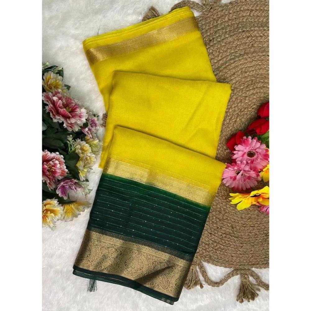 Generic Women's Khadi Cotton Solid Saree With Unstitched Blouse 5.5Mtr (Yellow)
