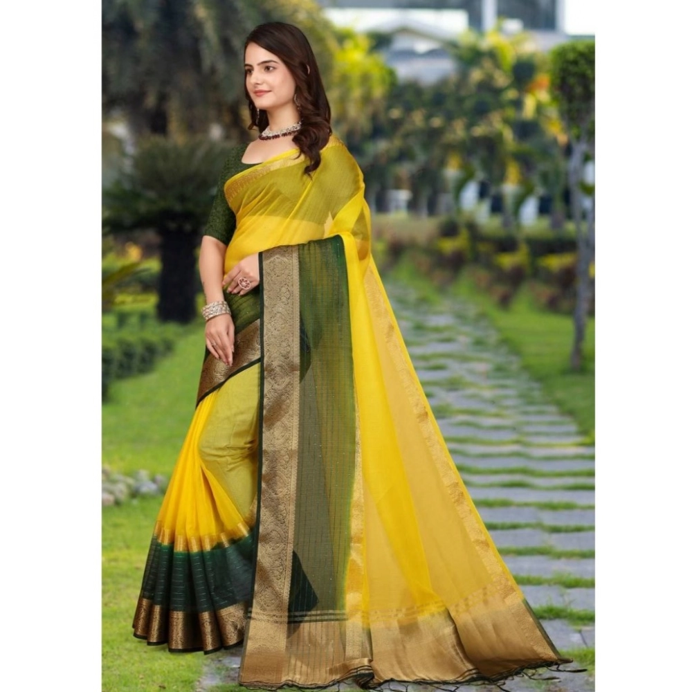 Generic Women's Khadi Cotton Solid Saree With Unstitched Blouse 5.5Mtr (Yellow) - Image 2