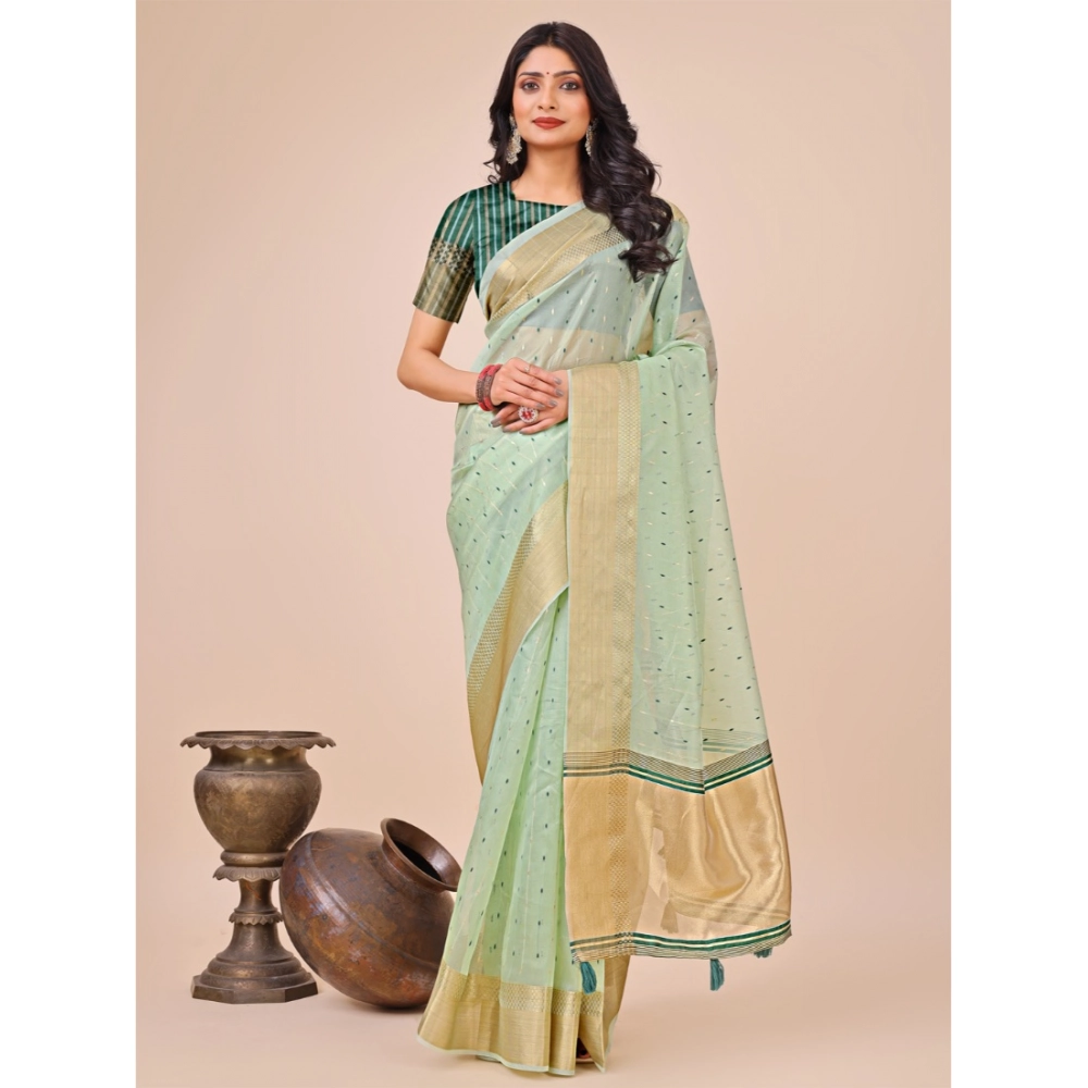 Generic Women's Organza Printed Saree With Unstitched Blouse 5.5Mtr (Olive Green)