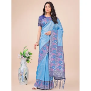 Generic Women's Lichi Silk Printed Saree With Unstitched Blouse 5.5Mtr (Sky Blue)