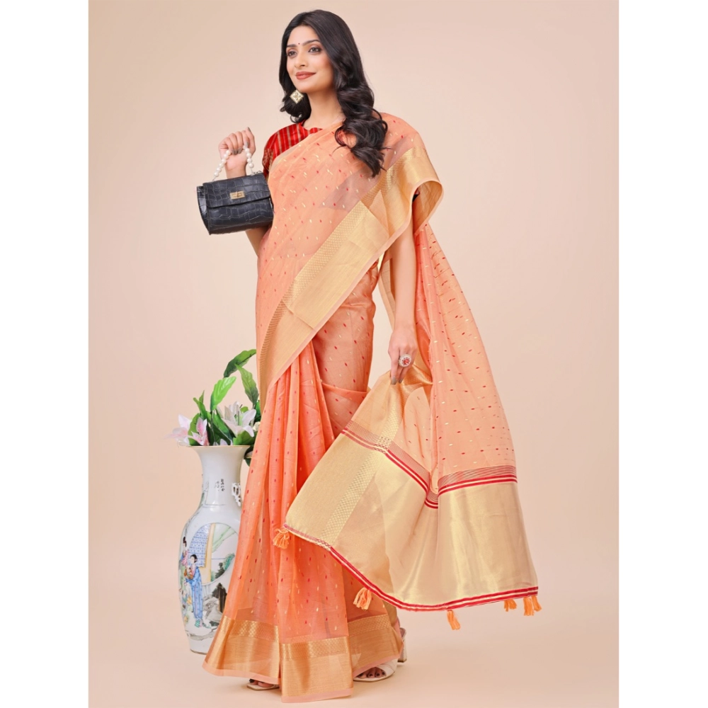 Generic Women's Organza Printed Saree With Unstitched Blouse 5.5Mtr (Peach) - Image 3