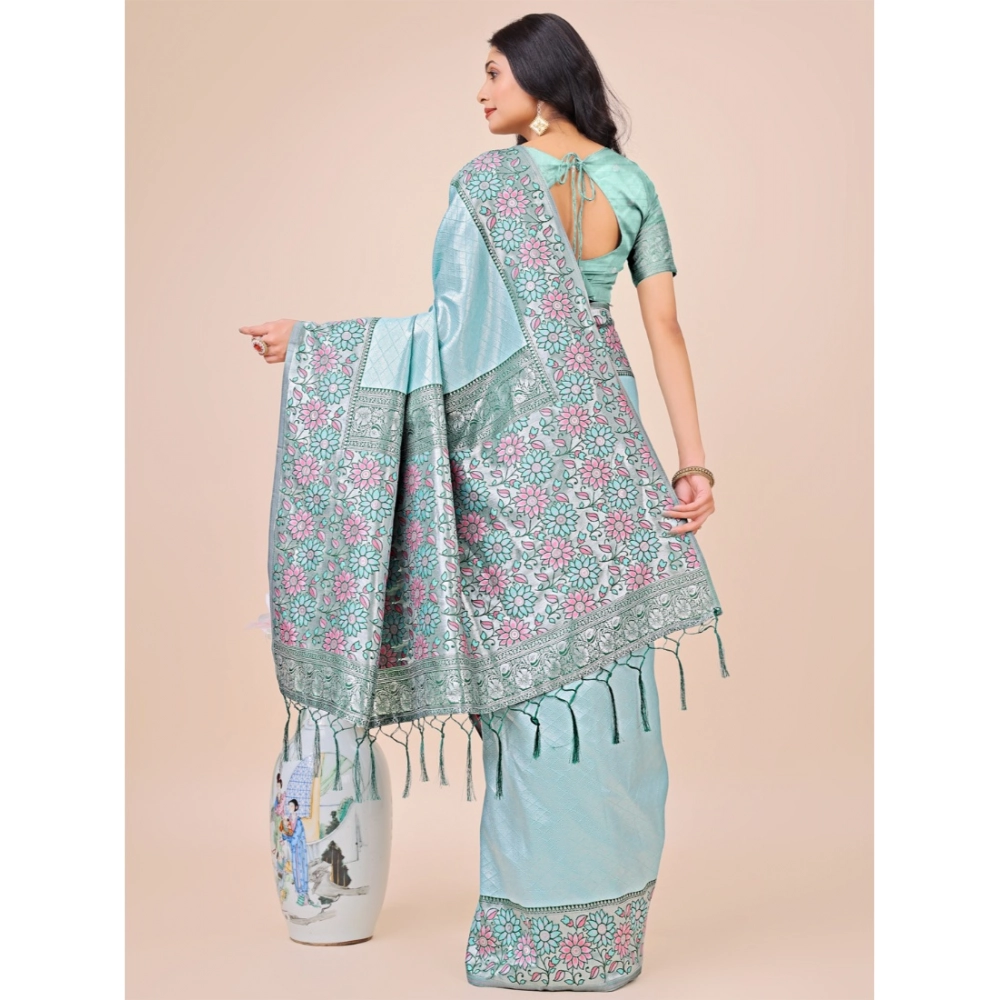 Generic Women's Lichi Silk Printed Saree With Unstitched Blouse 5.5Mtr (Teal) - Image 3