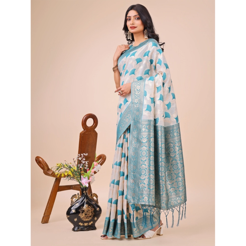 Generic Women's Linen Cotton Printed Saree With Unstitched Blouse 5.5Mtr (Teal) - Image 2