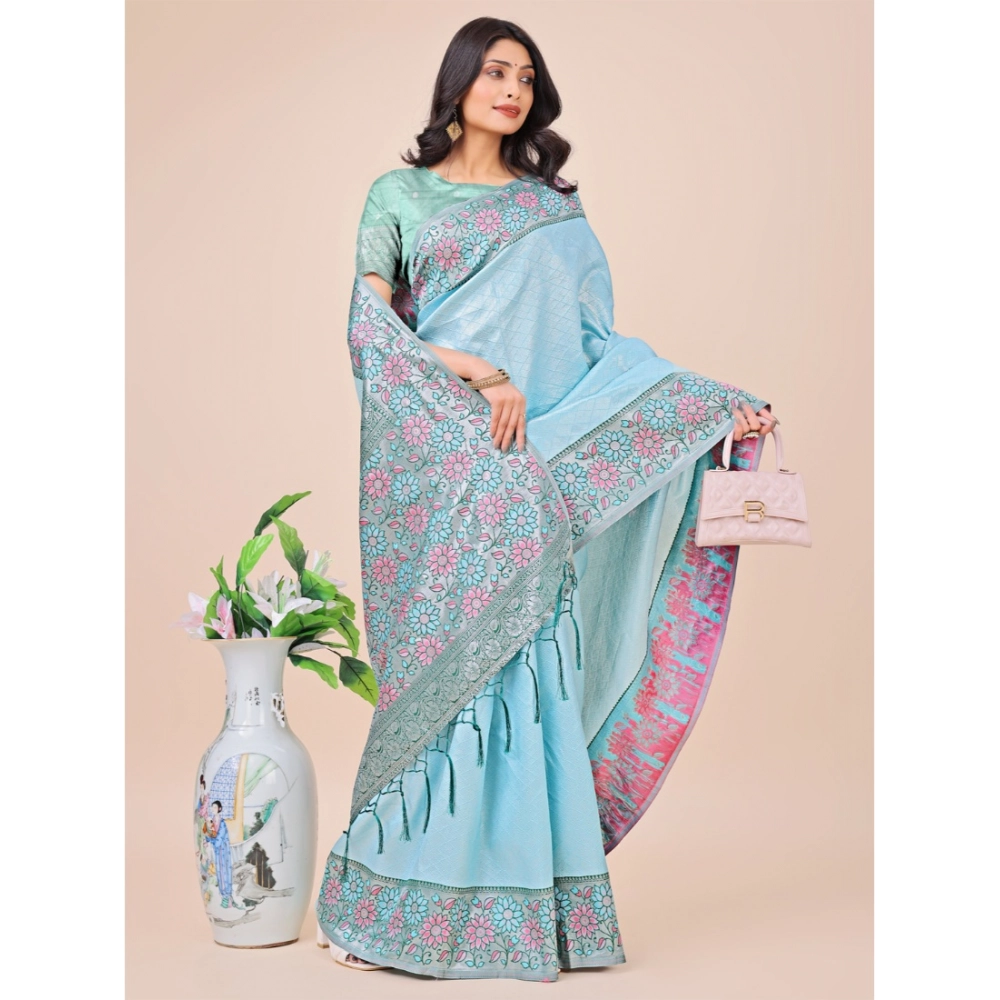Generic Women's Lichi Silk Printed Saree With Unstitched Blouse 5.5Mtr (Teal) - Image 2