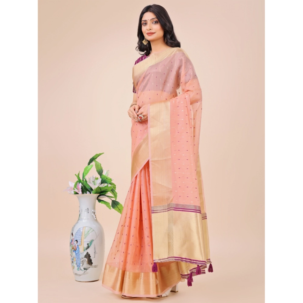 Generic Women's Organza Printed Saree With Unstitched Blouse 5.5Mtr (Light Pink) - Image 2