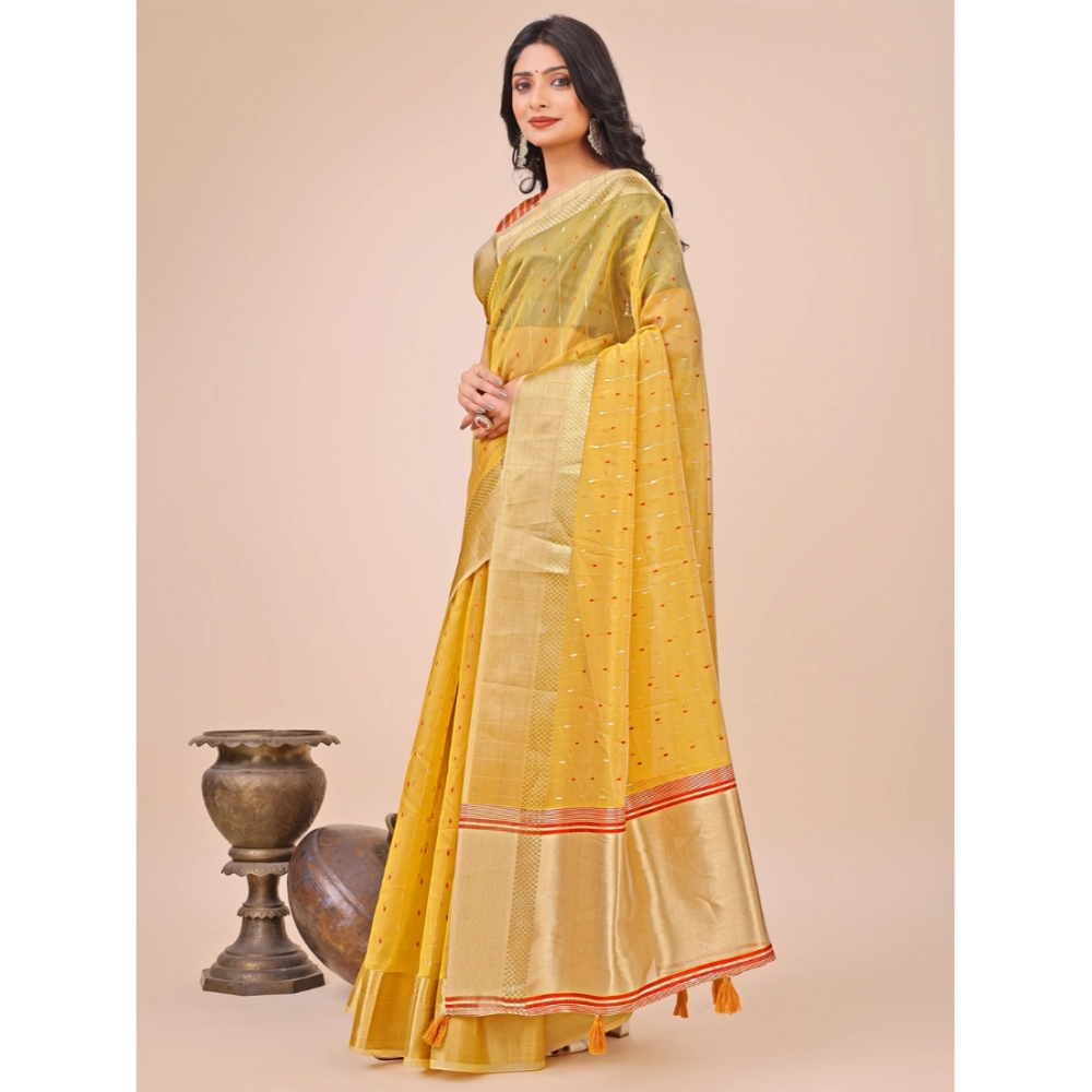 Generic Women's Organza Printed Saree With Unstitched Blouse 5.5Mtr (Yellow) - Image 2