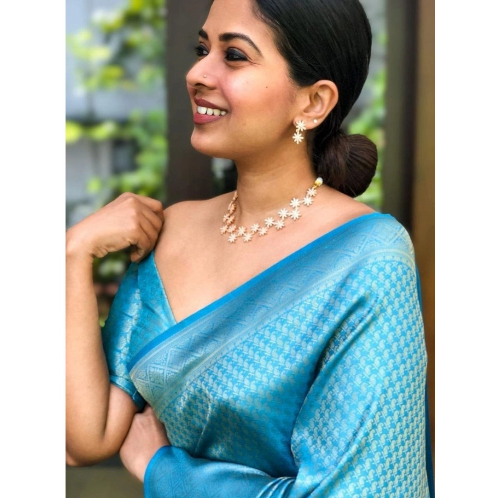 Generic Women's Silk Printed Saree With Unstitched Blouse 5.5Mtr (Sky Blue) - Image 2