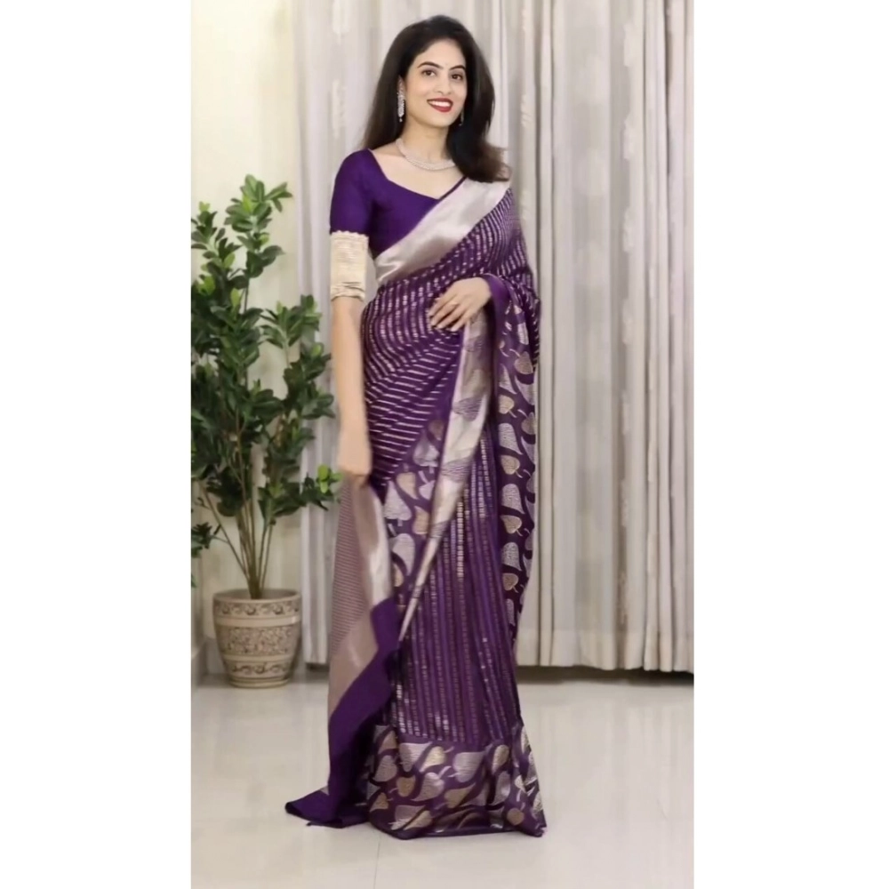Generic Women's Silk Printed Saree With Unstitched Blouse 5.5Mtr (Purple) - Image 2