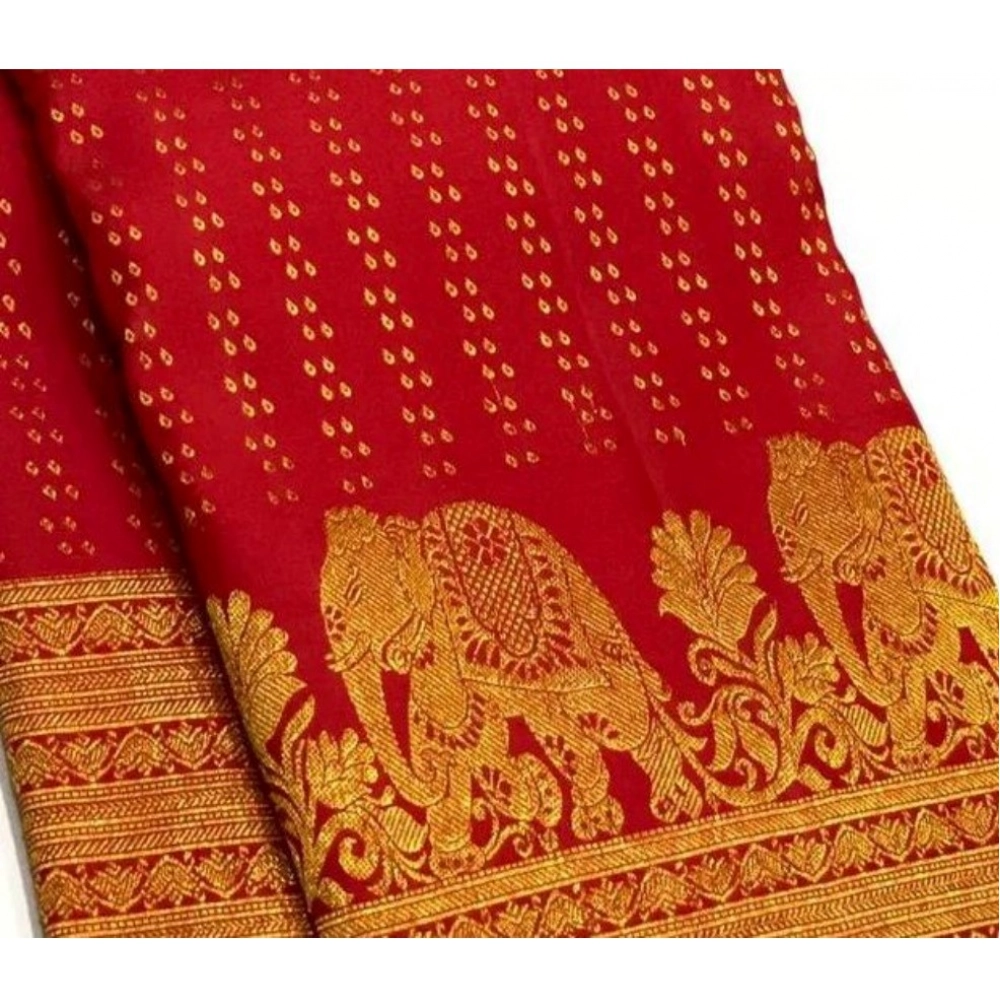 Generic Women's Silk Printed Saree With Unstitched Blouse 5.5Mtr (Red) - Image 3