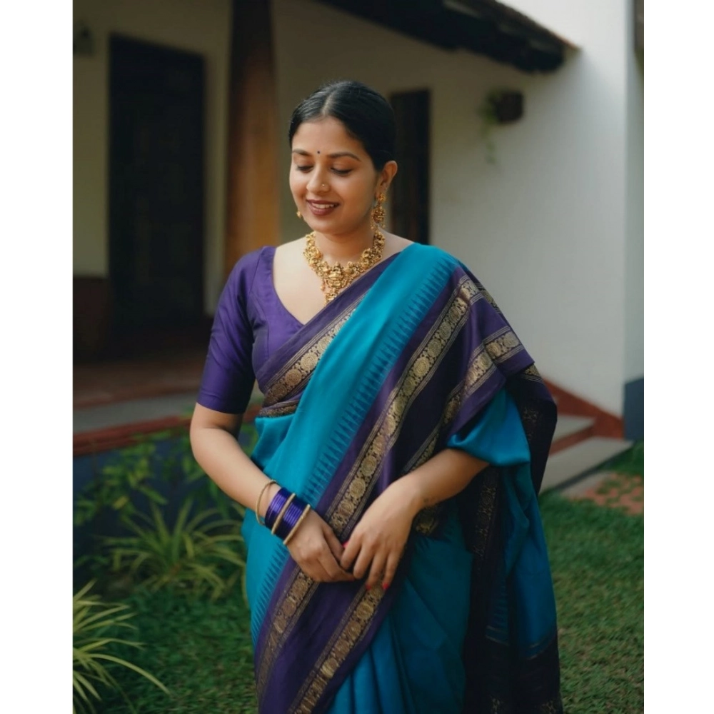 Generic Women's Silk Printed Saree With Unstitched Blouse 5.5Mtr (Blue) - Image 3