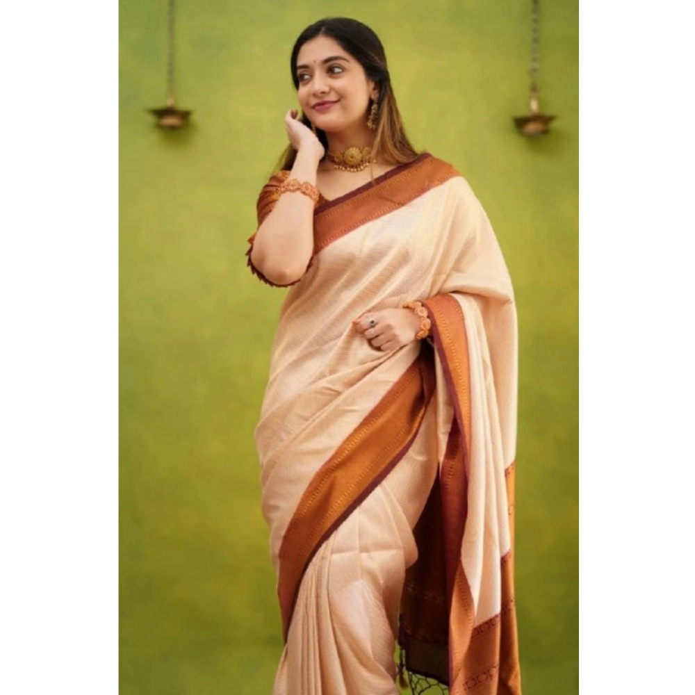 Generic Women's Silk Printed Saree With Unstitched Blouse 5.5Mtr (Cream) - Image 3