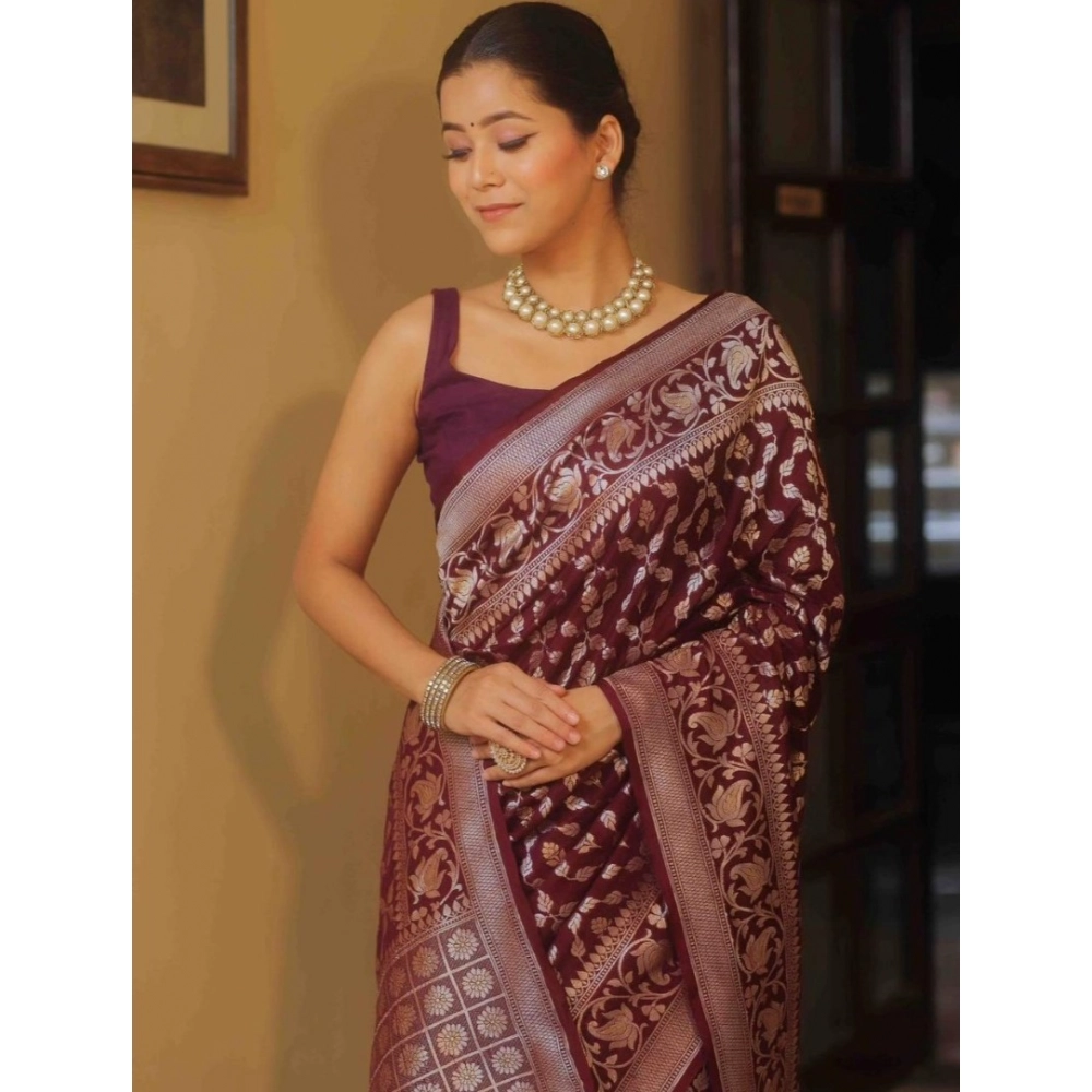 Generic Women's Silk Printed Saree With Unstitched Blouse 5.5Mtr (Maroon) - Image 3