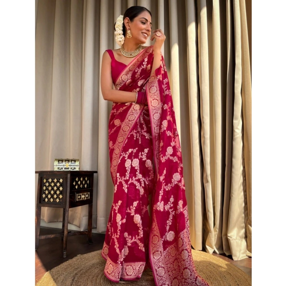 Generic Women's Silk Printed Saree With Unstitched Blouse 5.5Mtr (Pink) - Image 3