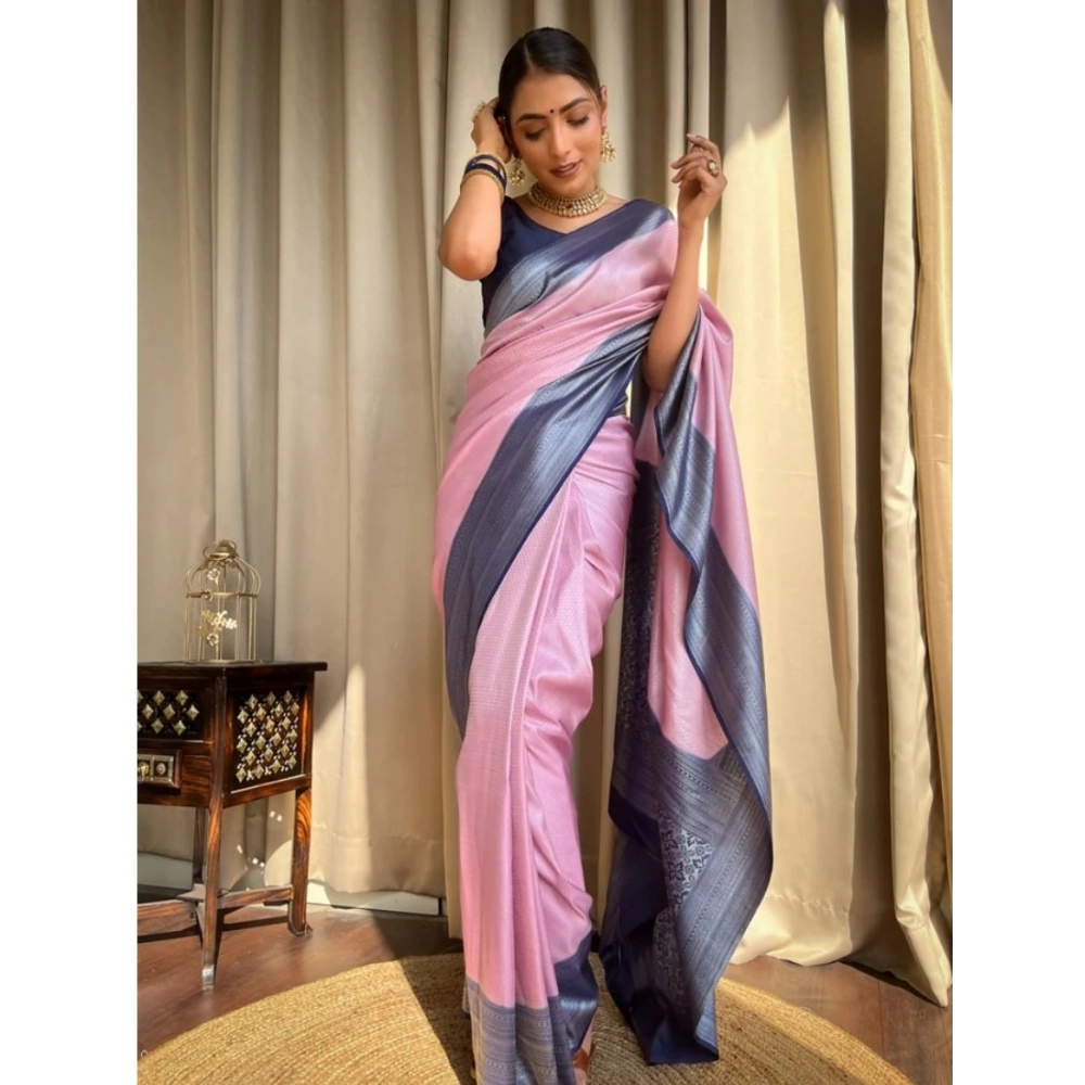 Generic Women's Silk Printed Saree With Unstitched Blouse 5.5Mtr (Pink) - Image 2