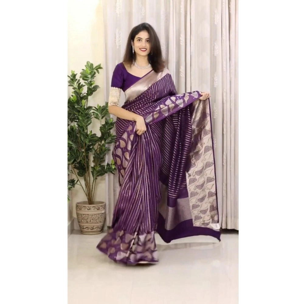 Generic Women's Silk Printed Saree With Unstitched Blouse 5.5Mtr (Purple) - Image 3