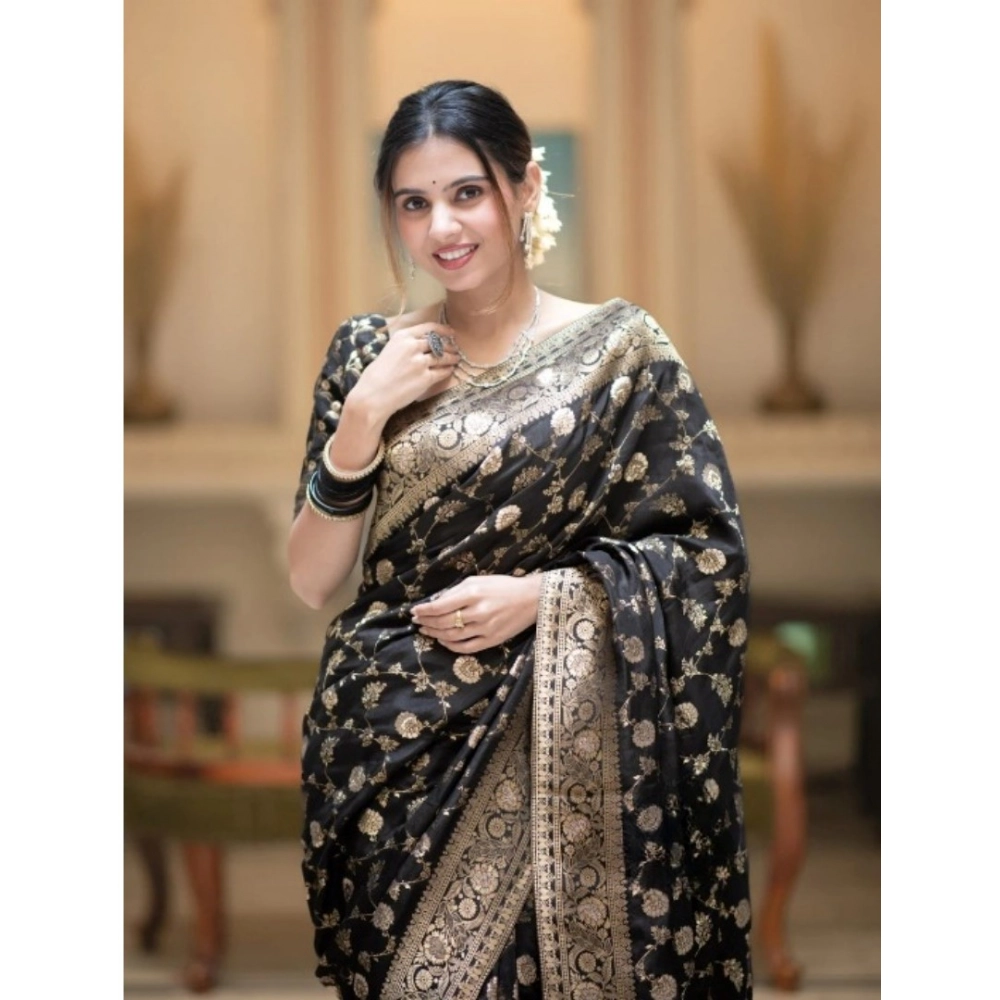 Generic Women's Silk Printed Saree With Unstitched Blouse 5.5Mtr (Black) - Image 3