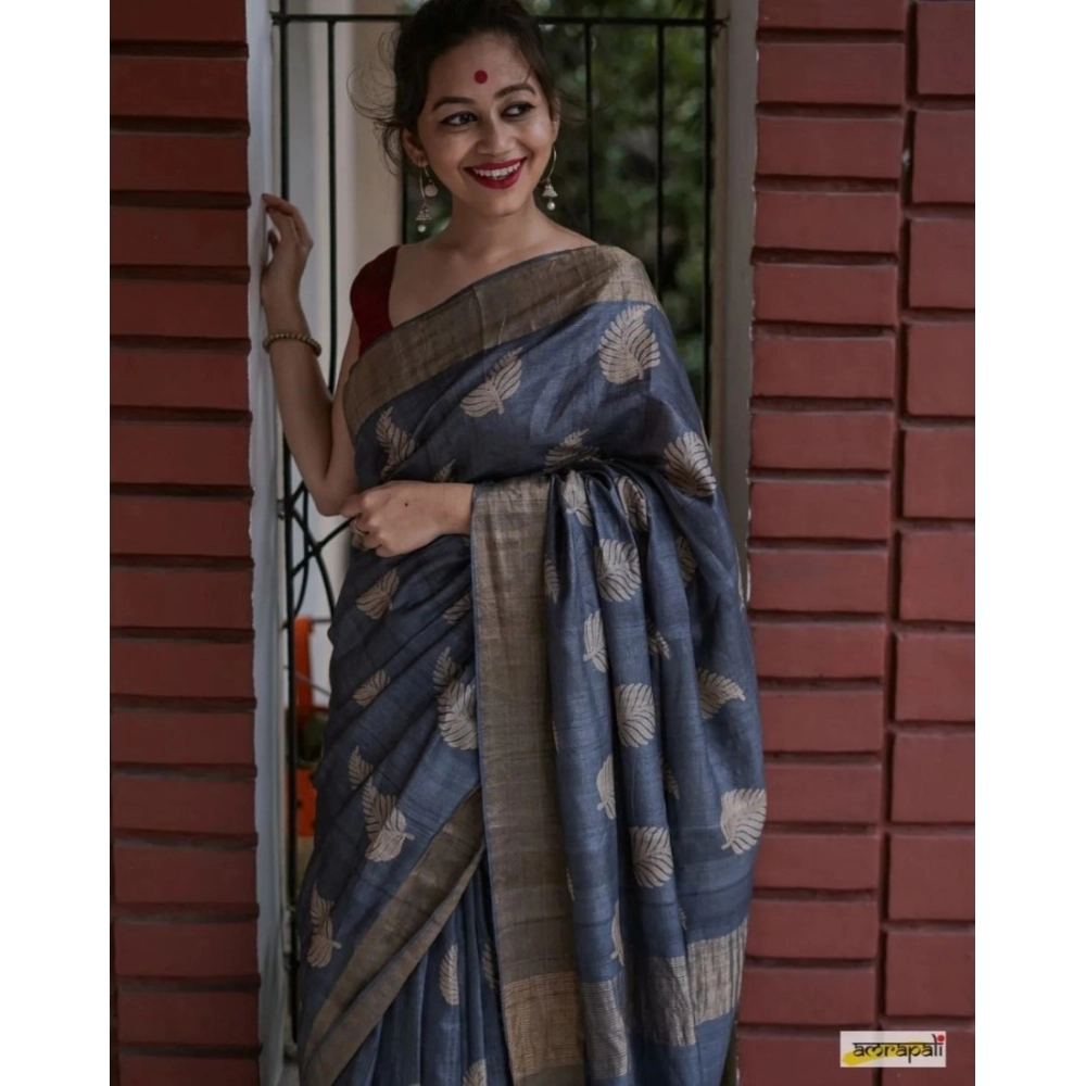 Generic Women's Silk Printed Saree With Unstitched Blouse 5.5Mtr (Grey) - Image 2