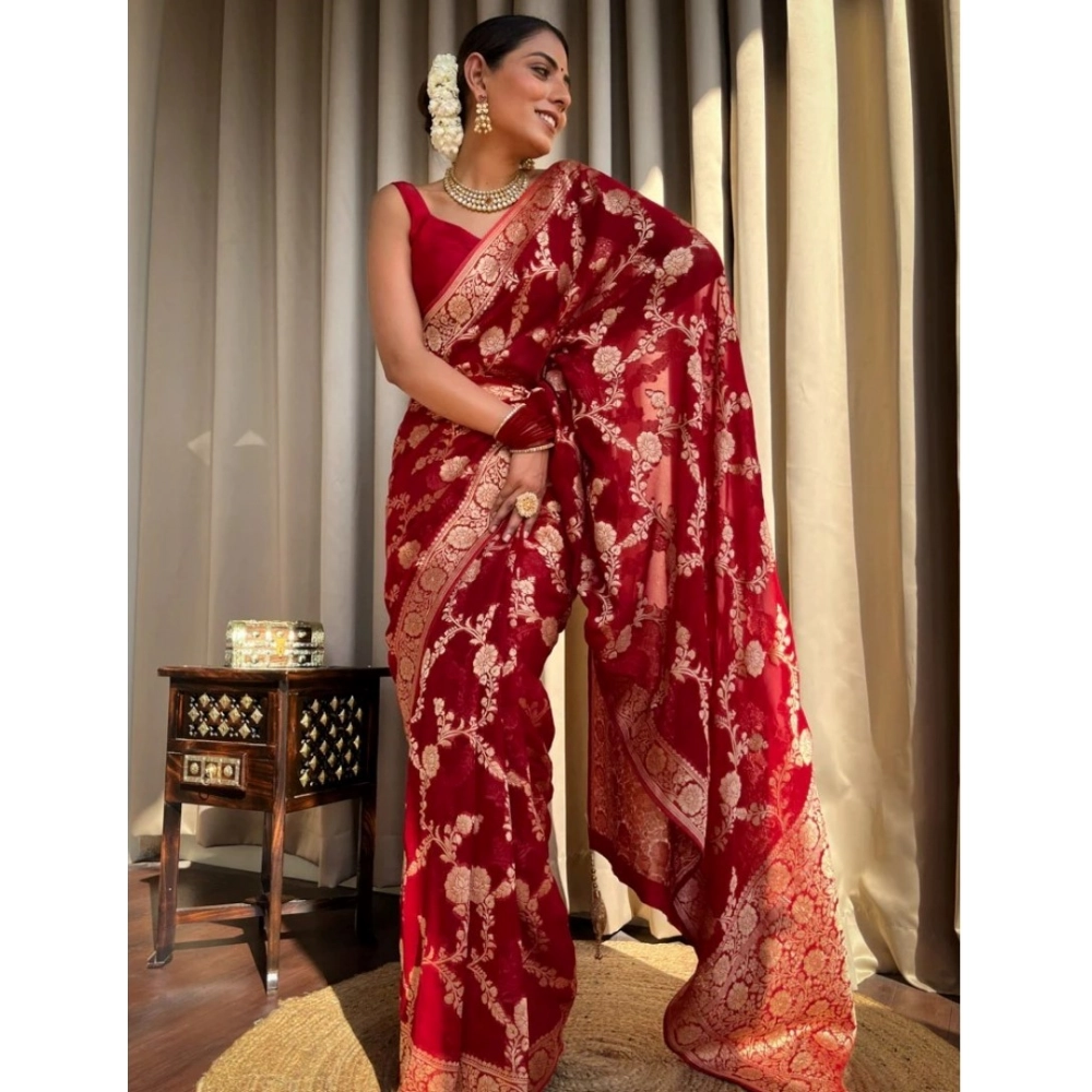 Generic Women's Silk Printed Saree With Unstitched Blouse 5.5Mtr (Red) - Image 3