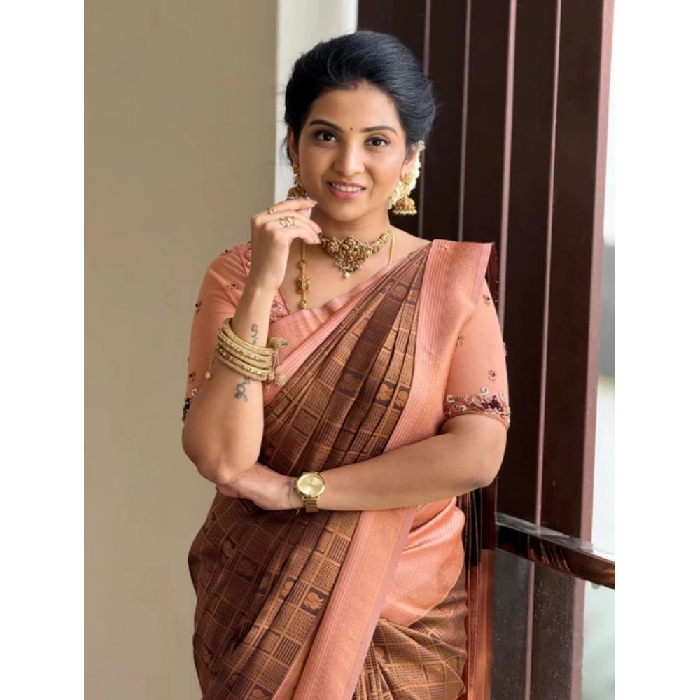 Generic Women's Silk Printed Saree With Unstitched Blouse 5.5Mtr (Brown) - Image 2