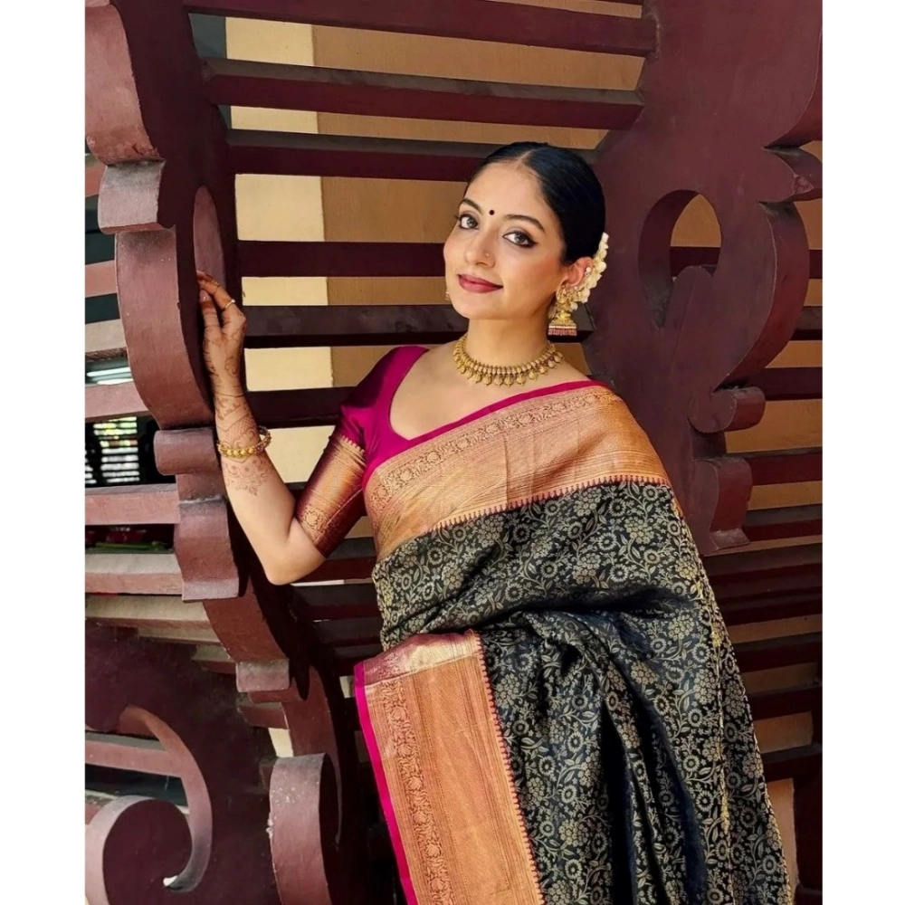 Generic Women's Silk Printed Saree With Unstitched Blouse 5.5Mtr (Green) - Image 2