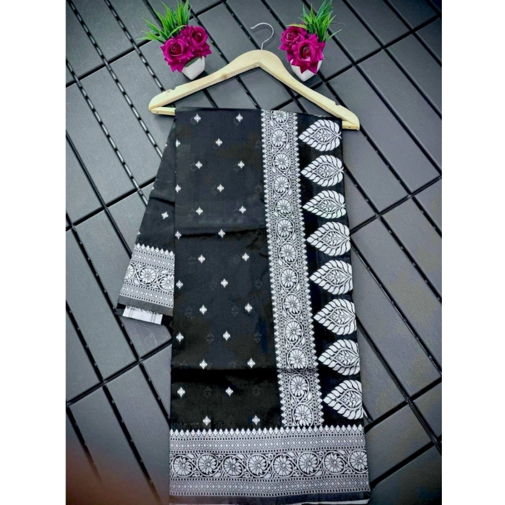 Generic Women's Silk Printed Saree With Unstitched Blouse 5.5Mtr (Black) - Image 2