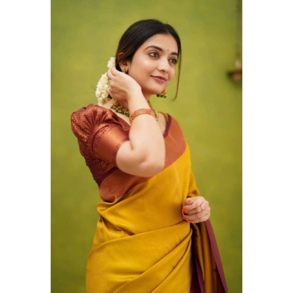 Generic Women's Silk Printed Saree With Unstitched Blouse 5.5Mtr (Yellow) - Image 2