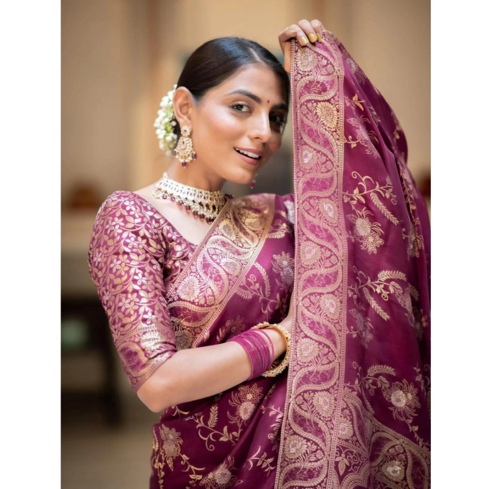 Generic Women's Silk Printed Saree With Unstitched Blouse 5.5Mtr (Wine) - Image 2
