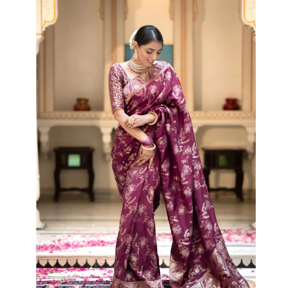 Generic Women's Silk Printed Saree With Unstitched Blouse 5.5Mtr (Wine) - Image 3