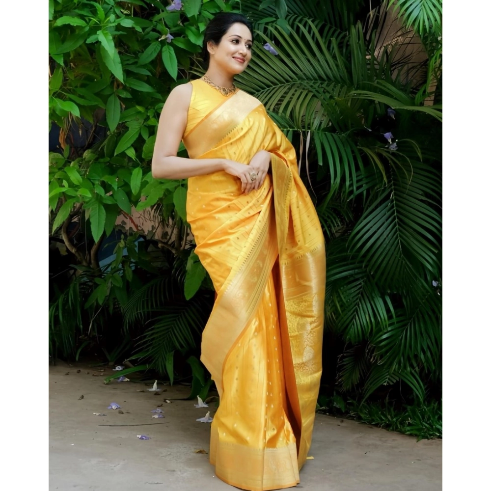 Generic Women's Silk Printed Saree With Unstitched Blouse 5.5Mtr (Yellow) - Image 3