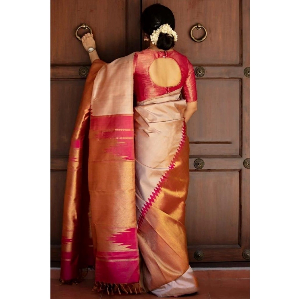 Generic Women's Silk Printed Saree With Unstitched Blouse 5.5Mtr (Cream) - Image 3