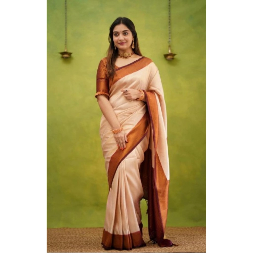 Generic Women's Silk Printed Saree With Unstitched Blouse 5.5Mtr (Cream) - Image 2