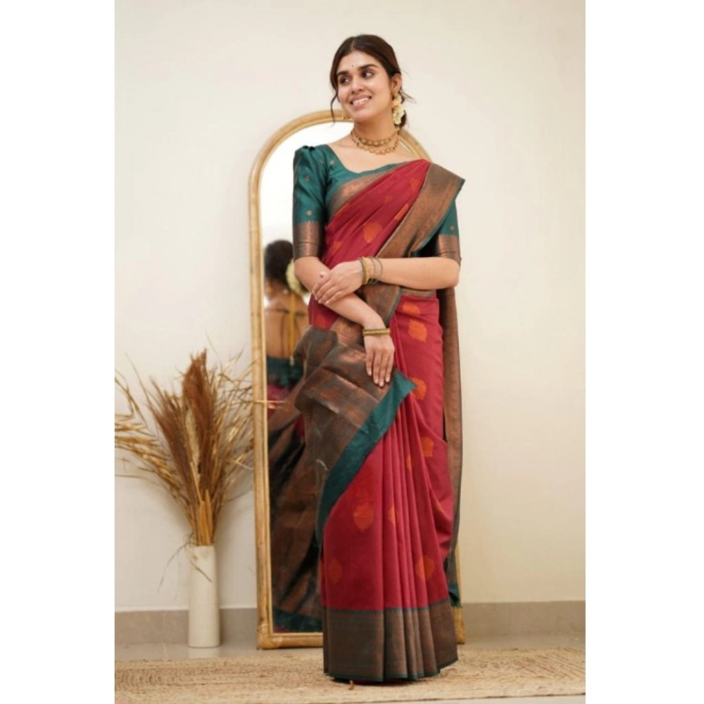 Generic Women's Silk Printed Saree With Unstitched Blouse 5.5Mtr (Red) - Image 3