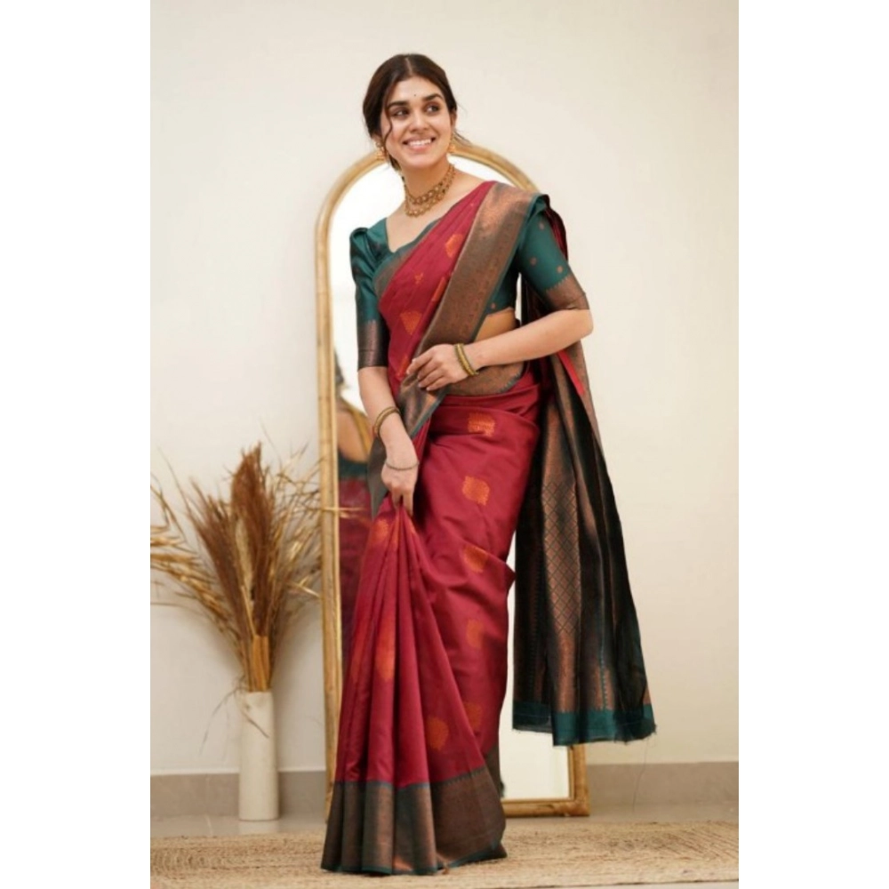 Generic Women's Silk Printed Saree With Unstitched Blouse 5.5Mtr (Red) - Image 2