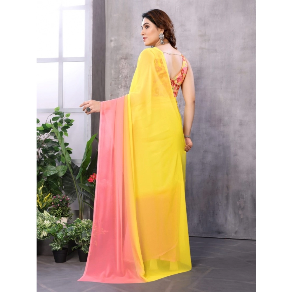 Generic Women's Small Lace Georgette Solid Ready-to-Wear Saree With Unstitched Blouse 5.5 Mtr (Pink-Yellow) - Image 3