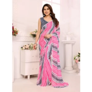 Generic Women's Small Lace Georgette Striped Ready-to-Wear Saree With Unstitched Blouse 5.5 Mtr (Grey)