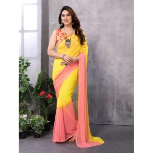 Generic Women's Small Lace Georgette Solid Ready-to-Wear Saree With Unstitched Blouse 5.5 Mtr (Pink-Yellow)