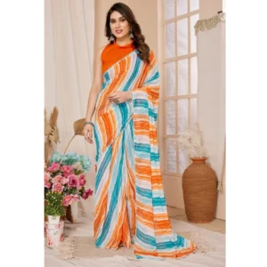 Generic Women's Small Lace Georgette Striped Ready-to-Wear Saree With Unstitched Blouse 5.5 Mtr (Multicolor)