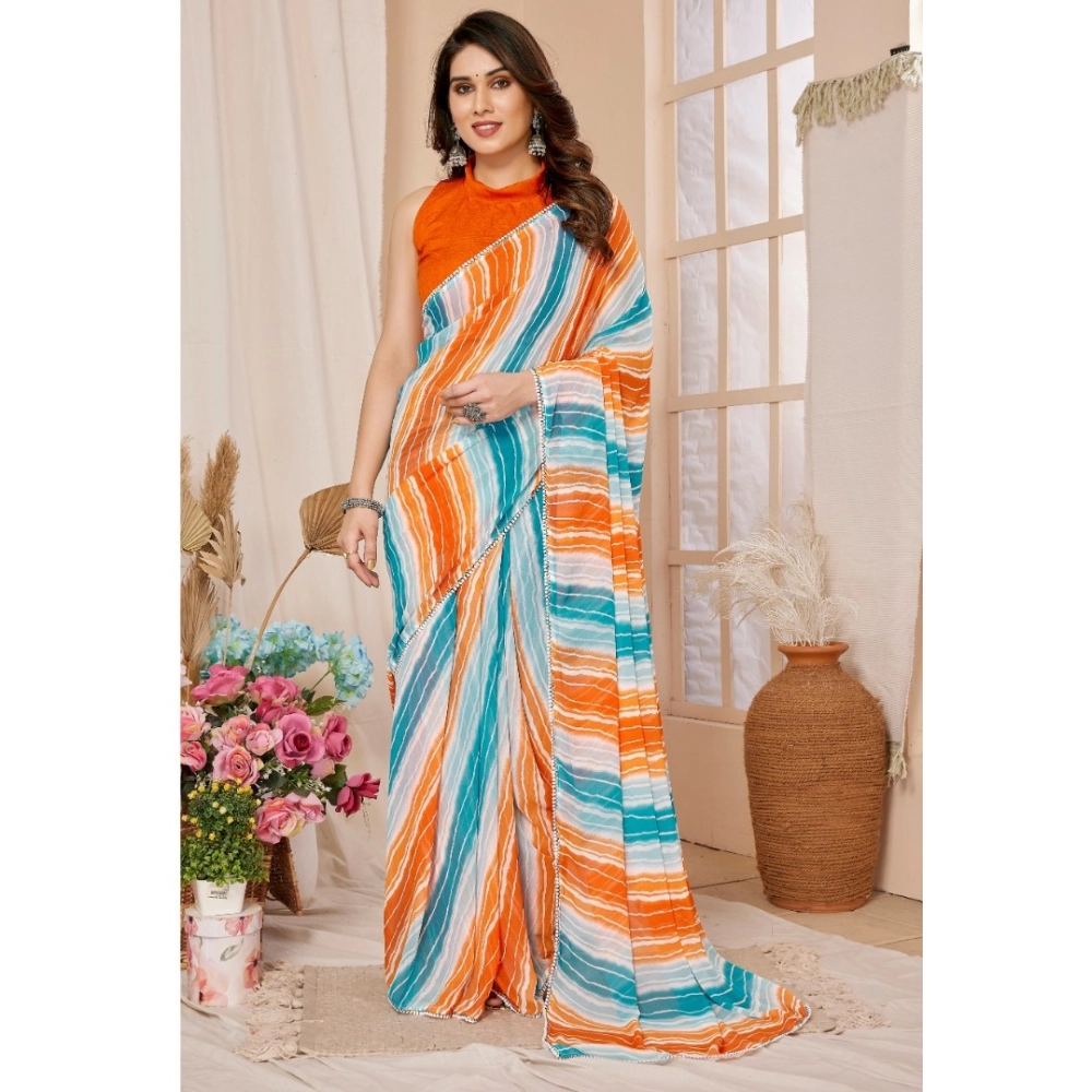 Generic Women's Small Lace Georgette Striped Ready-to-Wear Saree With Unstitched Blouse 5.5 Mtr (Multicolor)