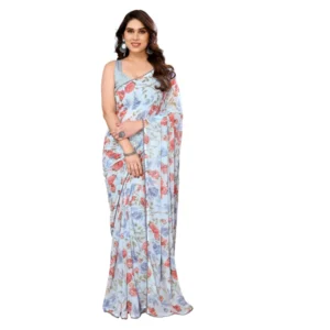 Generic Women's Small Lace Georgette Printed Ready-to-Wear Saree With Unstitched Blouse 5.5 Mtr (Sky Blue)