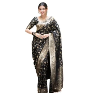 Generic Women's Silk Printed Saree With Unstitched Blouse 5.5Mtr (Black)