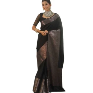 Generic Women's Silk Printed Saree With Unstitched Blouse 5.5Mtr (Black)